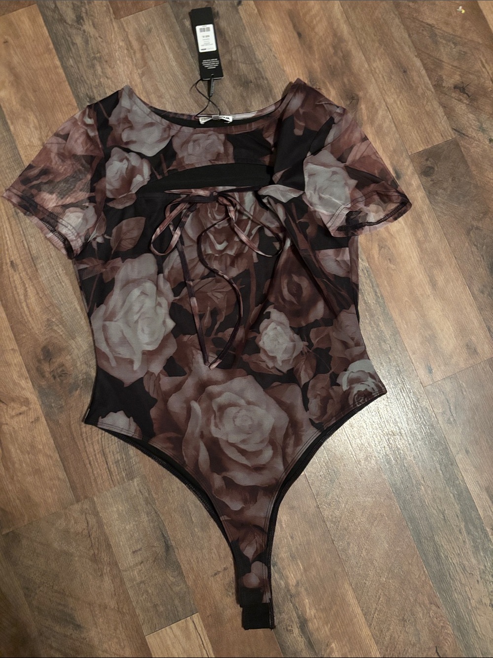 Fashion Nova Brown and Black Floral Mesh Bodysuit